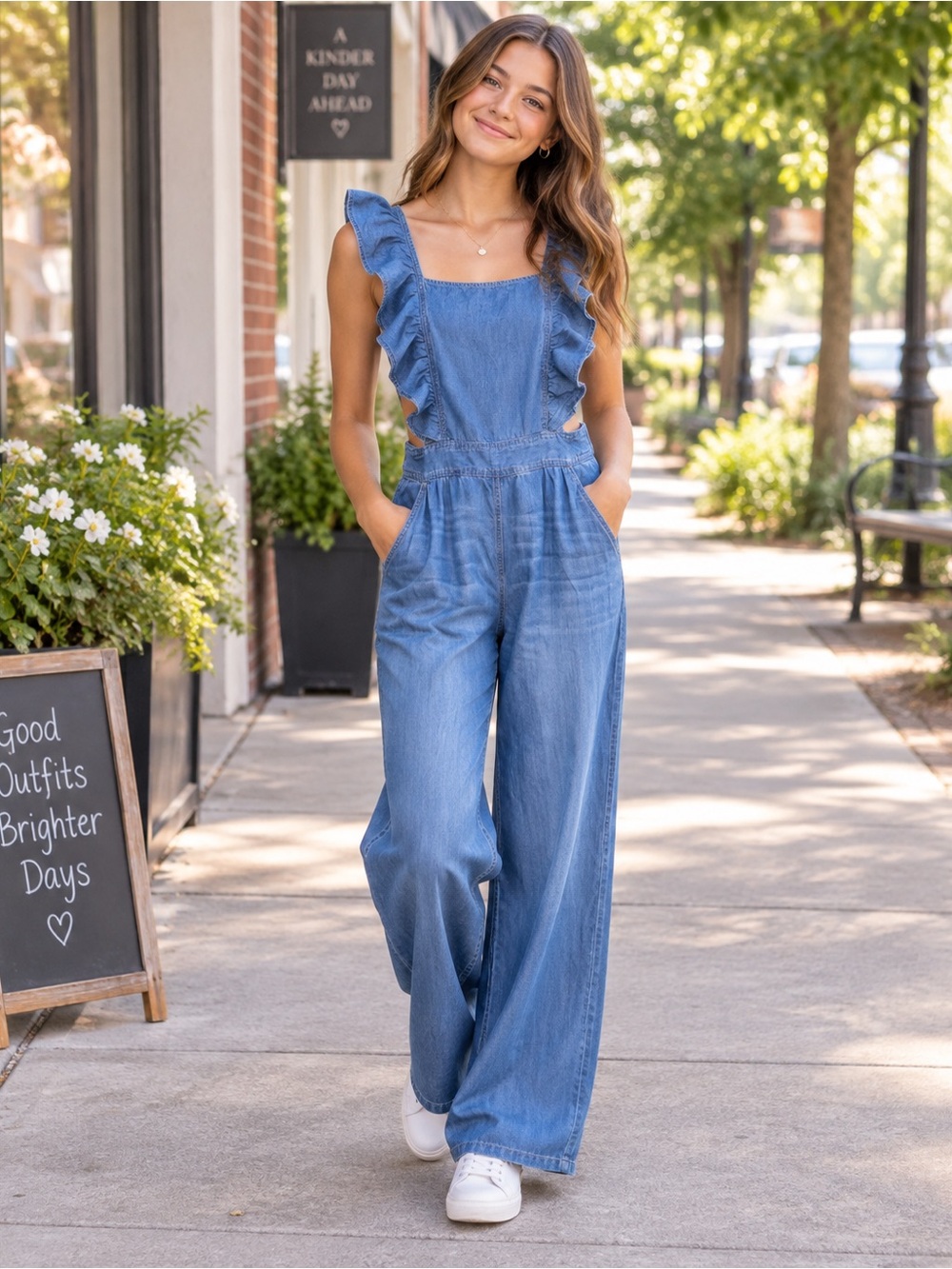 DO+BE Chambray Ruffle Wide Leg Jumpsuit Size Small 100% Cotton
